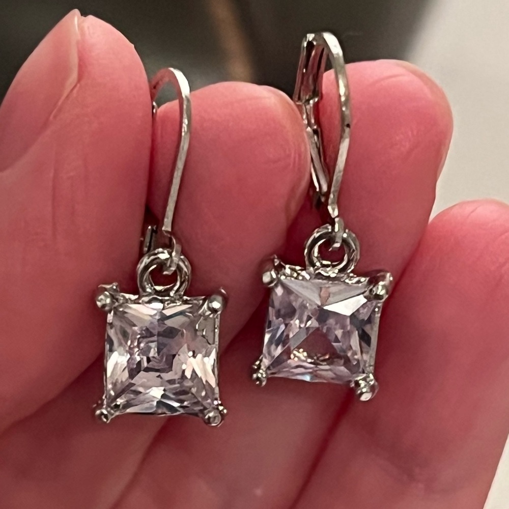 Silver Diamond Square Drop Earrings
